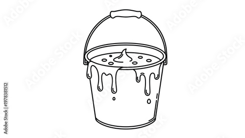 Simple black and white line art illustration of a bucket overflowing with a thick liquid substance like paint or cream.