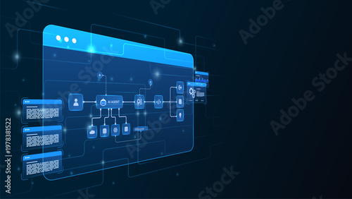 AI workflow automation artificial intelligence. ai agent network diagram dashboard system processing flow with automation pipelines, analytics dashboards, code modules and automation system.