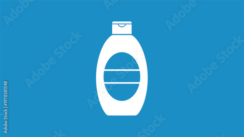 Minimalist white plastic bottle icon with a label area set against a solid blue background for cleaning or hygiene products.
