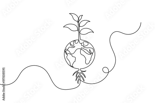 Earth with plant continuous one line drawing minimalist vector illustration