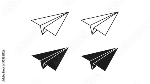 Collection of four paper airplane icons featuring both outline and solid black versions representing travel and communication.