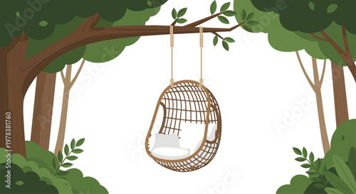 Single wicker egg chair hangs gracefully from a sturdy tree branch within a lush green forest clearing featuring soft natural light and earthy tones.