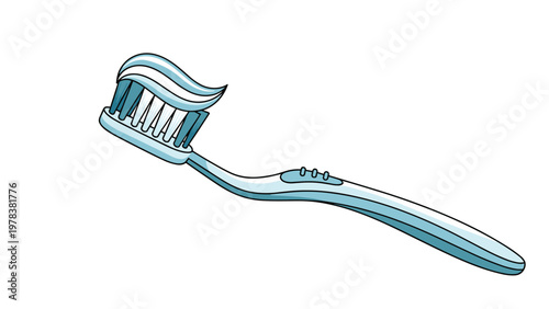 Detailed illustration of a blue and white toothbrush with a generous swirl of fresh mint toothpaste on its bristles.