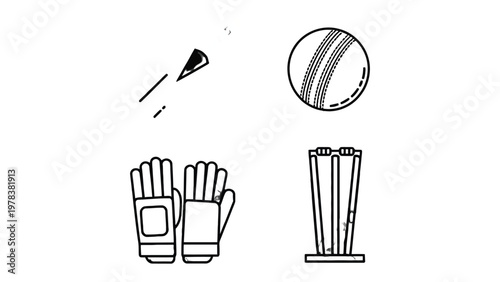 Cricket Game Essentials: A minimalistic illustration captures the essence of cricket, showcasing key elements in clean lines and simplicity. A cricket ball, wicket.
