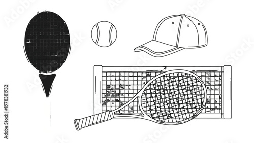 Tennis essentials: A tennis ball, racquet, and hat with the net set on the grass, evoking a sense of sport and leisure