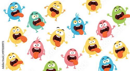 A playful collection of colorful, cartoon-style egg characters with wide-open mouths and long, protruding tongues are scattered across a white field.
