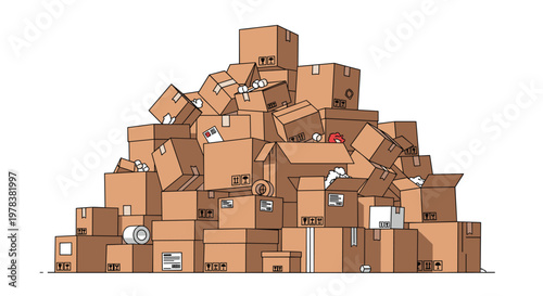 A chaotic mountain of assorted brown cardboard shipping boxes piled high in a disorganized heap against a stark white background with warm earthy tones.