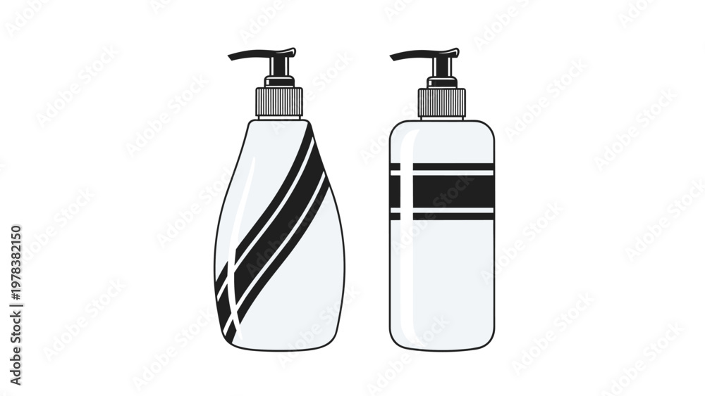 Obraz premium Pair of sleek cosmetic pump bottles featuring black slanted stripe patterns suitable for shampoo or lotion products.