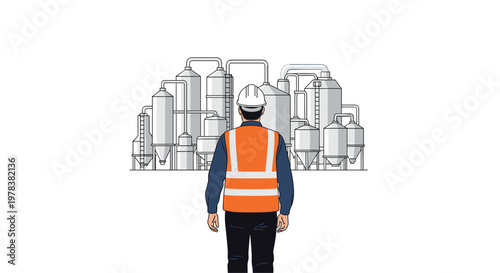 Safety worker in a high-visibility orange vest and white hard hat stands with their back to the camera, observing a large industrial plant in a bright space.