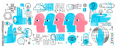 AI and human society naive bold vector isolated cute illustrations of people profiles with circuit patterns and digital data icons for future work and branding