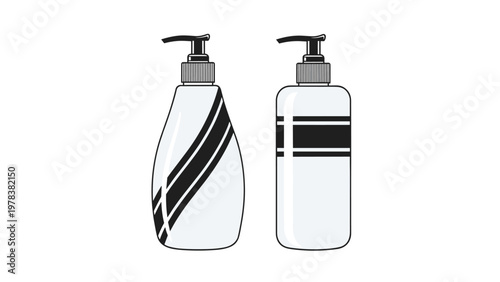 Pair of sleek cosmetic pump bottles featuring black slanted stripe patterns suitable for shampoo or lotion products.