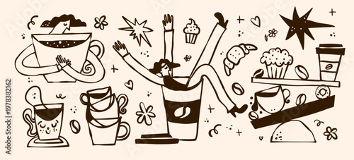 Coffee and cafe culture naive lifestyle bold vector isolated cute illustrations of people with coffee cups beans croissant muffin and cupcake for sticker print and branding