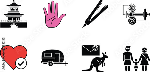 Pagoda Temple, Hand Gesture, Hair Straightener, Industrial Machine, Heart Check, Caravan Trailer, Secure Email, Kangaroo and Family Icon Set