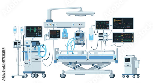 Hospital bed with an overhead surgical light and various medical monitoring devices arranged in a bright, clean, sterile, modern clinical hospital environment.