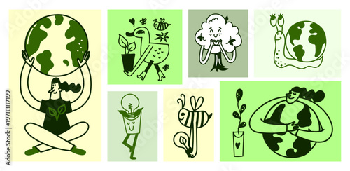 Ecology and sustainable lifestyle naive bold vector isolated cute illustrations of people hugging earth globe tree with heart snail and bee for sticker print and branding