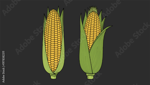 Detailed illustration of two fresh yellow corn cobs with green husks set against a dark grey background for agriculture.