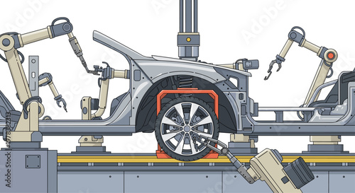 Advanced robotic arms work in perfect synchronization to install a tire onto a car frame on a highly automated automotive assembly line in a factory.