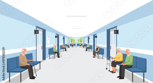 Elderly patients with mobility aids sit on blue benches along a bright geriatric care facility hallway leading toward a sunlit windowed background.