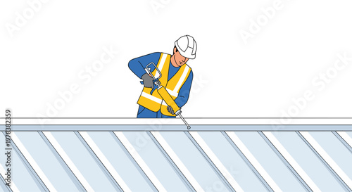 A skilled construction worker wearing a white hard hat and yellow safety vest applies sealant to a metal roof edge with a precision caulking tool set.