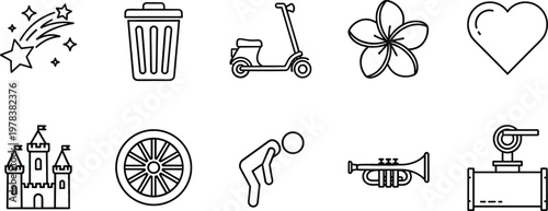 Shooting Star, Trash Bin, Scooter, Flower, Heart, Castle, Wheel, Bending Person, Trumpet and Industrial Machine Icon Set for Lifestyle Concepts