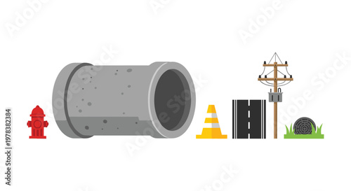 An organized composite of essential urban infrastructure elements including a concrete pipe, fire hydrant, traffic cone, road, and utility power pole.
