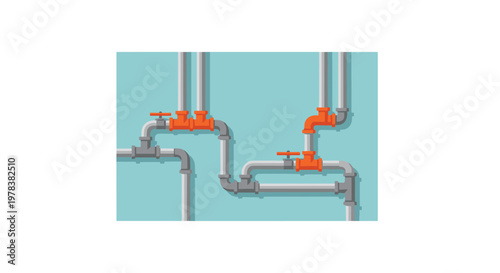 A complex network of grey industrial pipes with orange valves and connectors against a solid light blue wall background in a flat vector illustration.