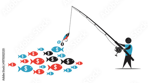 Conceptual illustration of a man using a fishing rod to catch fish marked with dollar signs representing financial success.