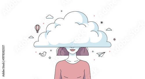 A woman with a large fluffy cloud covering her head, surrounded by small icons like a hot air balloon, bird, and paper plane in a minimalist vector.
