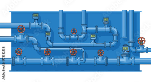 Elaborate blue piping system featuring multiple digital flow meters and red manual valves on a solid blue industrial panel in a flat vector illustration.