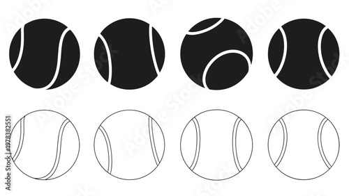 Collection of tennis ball vector icons in solid black and thin line art styles isolated on a white background for sports design.