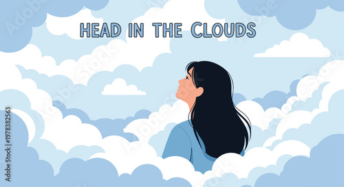 A serene woman with long dark hair looks toward the sky amidst fluffy white clouds in a peaceful setting with a calming light blue color palette motif.