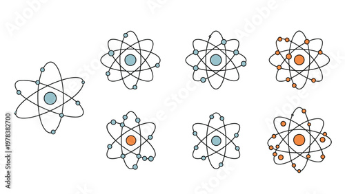 Collection of various atomic models with different electron configurations and nucleus colors illustrating chemistry and physics concepts.