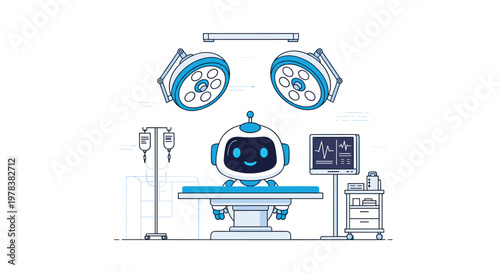 Friendly robotic assistant stands ready in a bright, sterile operating room under large surgical lights, prepared for a medical procedure on a clean table.