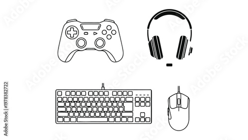 Essential Gaming Accessories: A minimalist illustration of a gaming setup, showcasing a gamepad, headset, keyboard, and mouse, perfect for any gamer's needs.