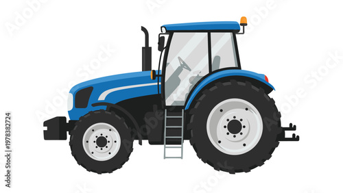 Modern blue farming tractor used for agricultural work and field maintenance viewed from the side isolated on a white background.