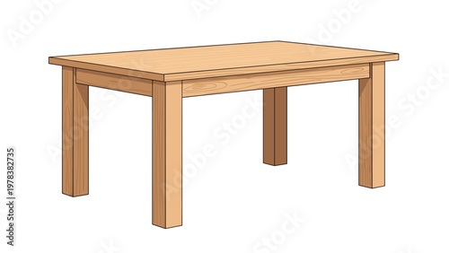 Rectangular wooden dining table with a natural grain finish and four sturdy legs isolated on a white background for furniture design.