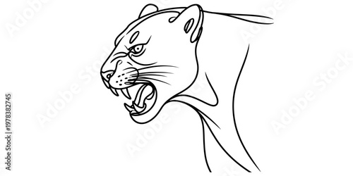 A simple black and white line drawing of a snarling panther showing its sharp canine teeth now Vector, illustration