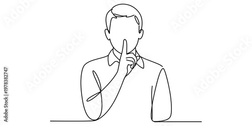 A single continuous line drawing of a person putting a finger to their lips to signal for silence Vector, illustration