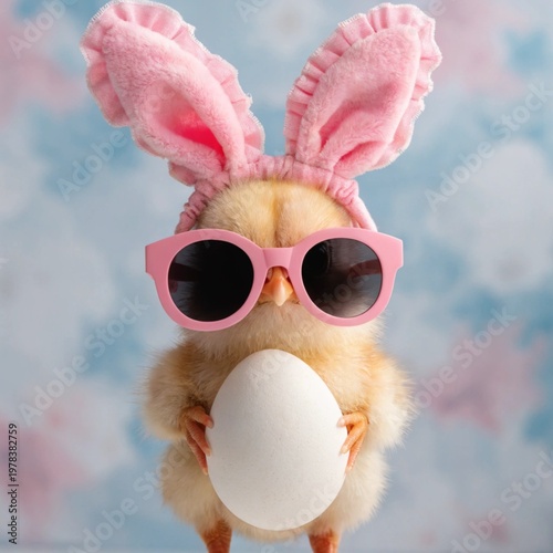 Cute Fluffy Baby Chick Wearing Pink Sunglasses and Bunny Ears Holding White Egg