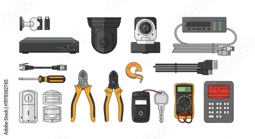 Professional security camera installation tools and electrical testing equipment are organized on a clean light gray surface for efficient maintenance work.