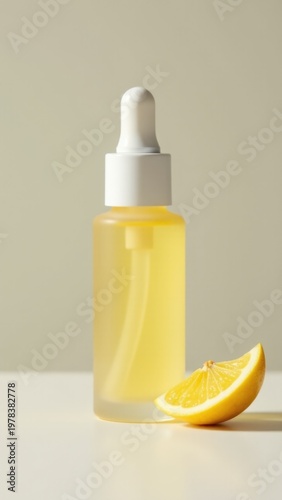 A clear glass bottle filled with liquid and accompanied by a slice of lemon on the side