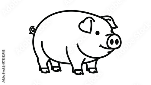 Cute black and white line art illustration of a smiling domestic pig isolated on white background for coloring or child design.
