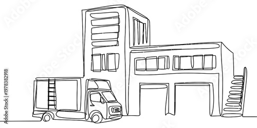 A simple black and white line drawing of a fire station building with a parked fire truck outside Vector, illustration