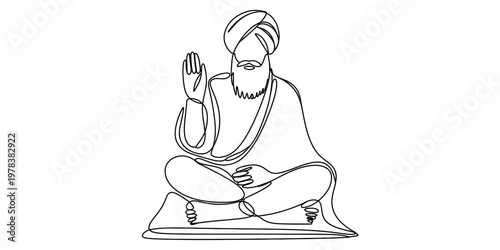 A single line drawing illustration of a sikh man with a beard and turban meditating in lotus pose Vector, illustration