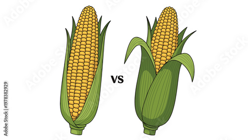 Comparison of two yellow corn on the cob illustrations with green husks at different stages of opening isolated on a white background.