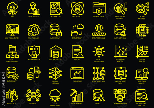 Data Driven icon set. Containing algorithm, big data, analysis, analytics, data mining, machine learning, ai, visualization, database, predictive, and more. Editable stroke. Vector Illustration