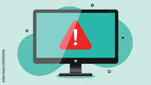 Desktop computer monitor displaying a red triangular warning sign with an exclamation mark representing error or security alert.