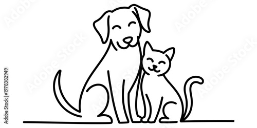 A simple black and white line drawing of a friendly dog and a cat sitting together side by side Vector, illustration