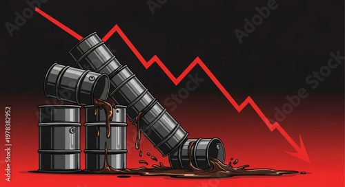 Oil barrels falling with red graph indicating price drop.