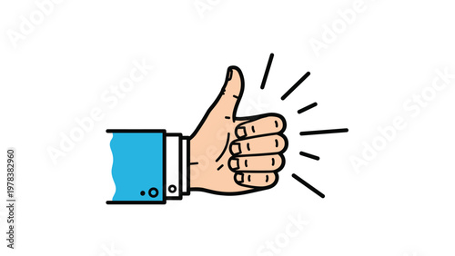 Cartoon illustration of a hand in a blue suit sleeve giving a thumbs up gesture indicating approval success or like on white background.